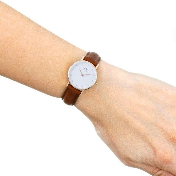 Daniel Wellington Classy St Mawes White Dial Brown Leather Strap Watch For Women - DW00100059