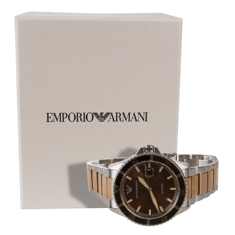 Emporio Armani Diver Quartz Brown Dial Two Tone Steel Strap Watch For Men - AR11340