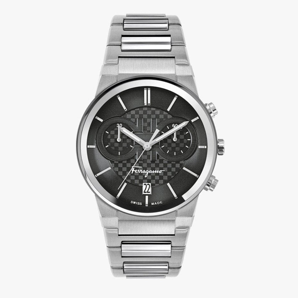 Salvatore Ferragamo Sapphire Chrono Black Dial Silver Steel Strap Watch for Men - SFME00321