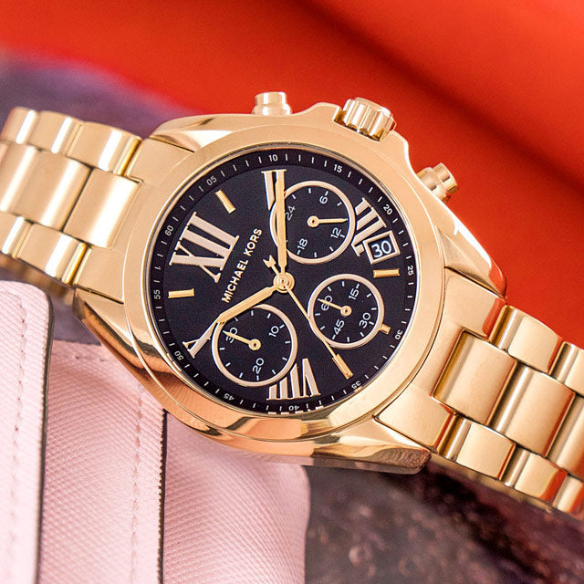 Michael Kors Bradshaw Chronograph Black Dial Gold Steel Strap Watch For Women - MK6959