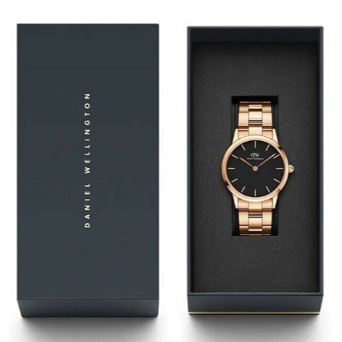 Daniel Wellington Iconic Link Black Dial Rose Gold Steel Strap Watch for Women - DW00100210