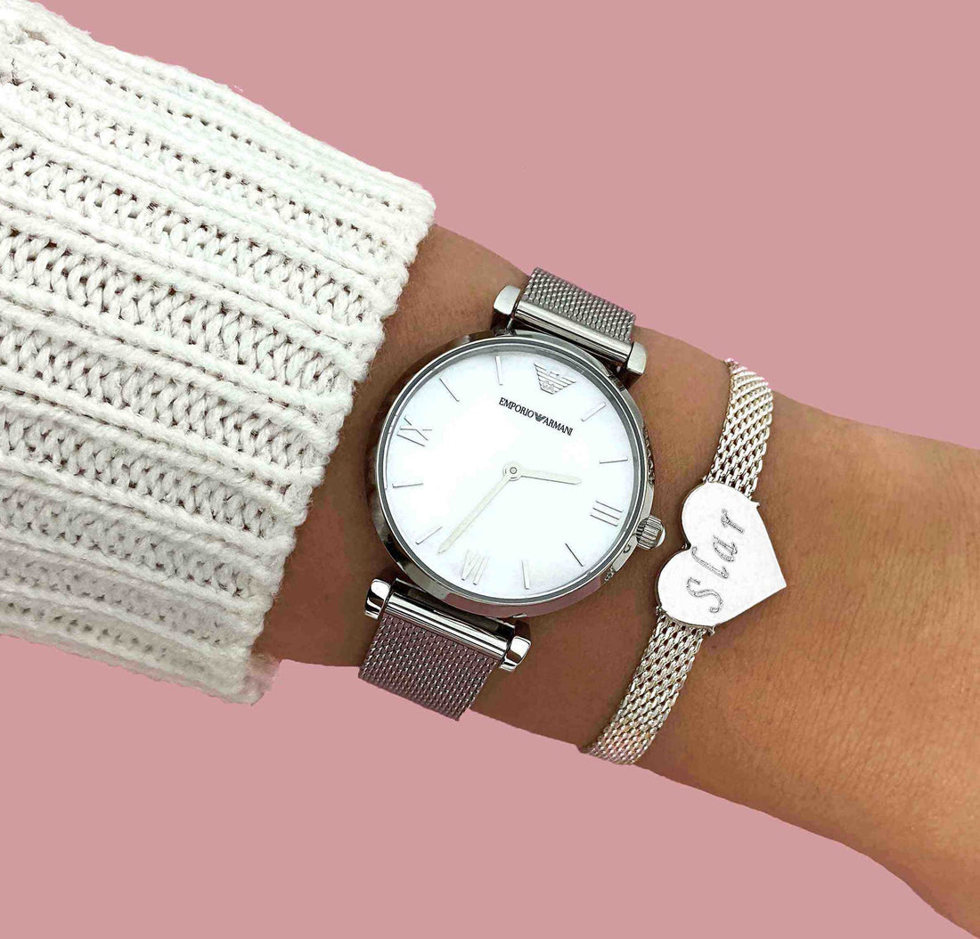 Emporio Armani Gianni T Bar Mother of Pearl Dial Silver Steel Strap Watch For Women - AR1955