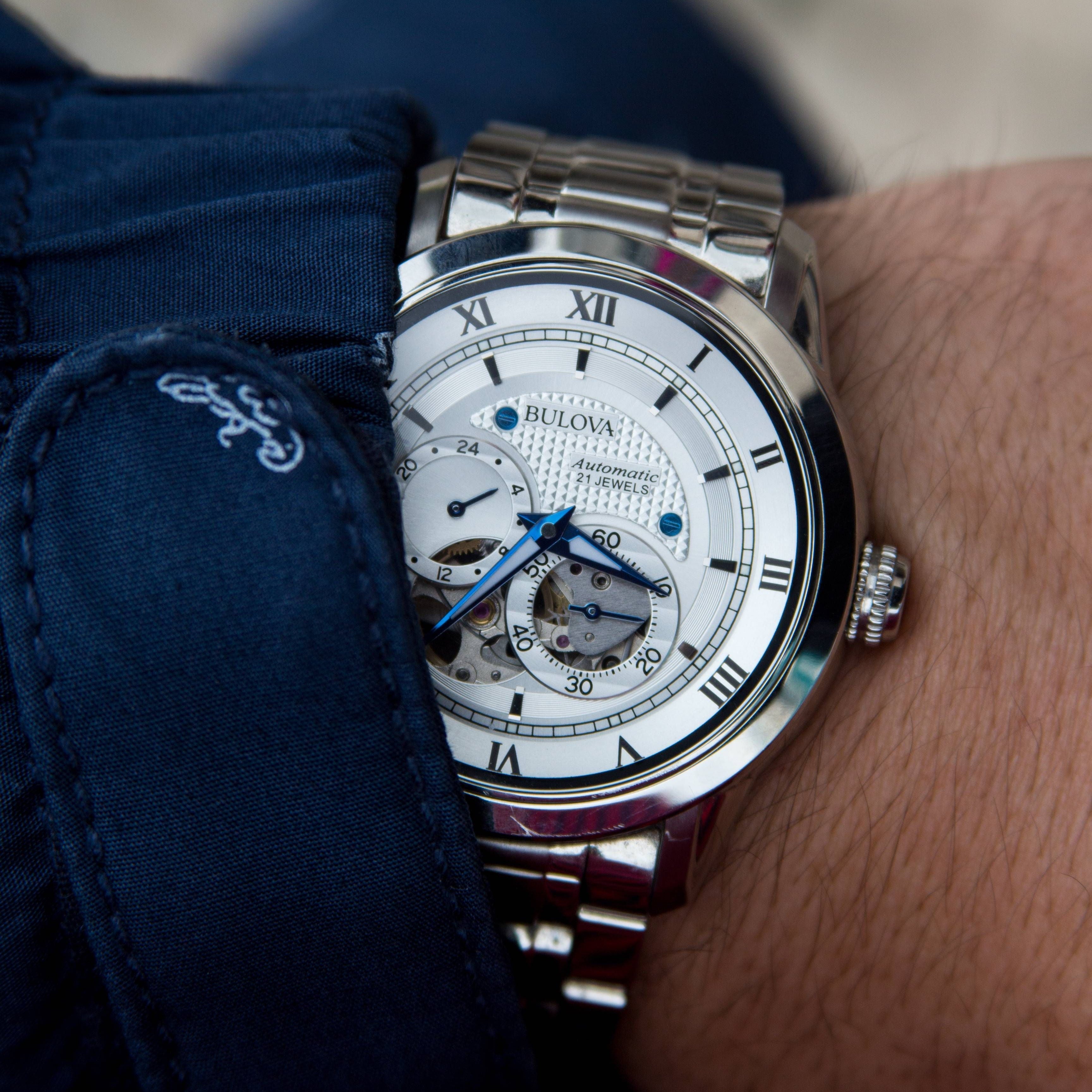 Bulova BVA Series Dual Aperture Silver Dial Silver Steel Strap Watch for Men - 96A118