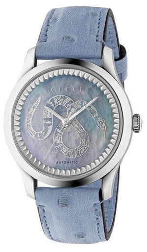 Gucci G Timeless Automatic Mother of Pearl Dial Blue Leather Strap Watch For Women - YA1264113