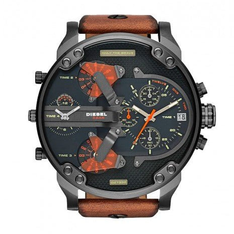 Diesel Mr Daddy 2.0 Chronograph Black Dial Brown Leather Strap Watch For Men - DZ7332