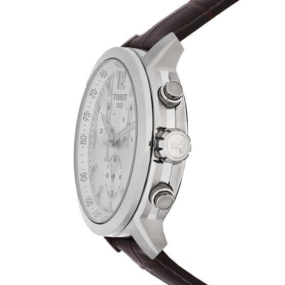 Tissot PRC 200 Chronograph Silver Dial Brown Leather Strap Watch For Men - T055.417.16.037.00