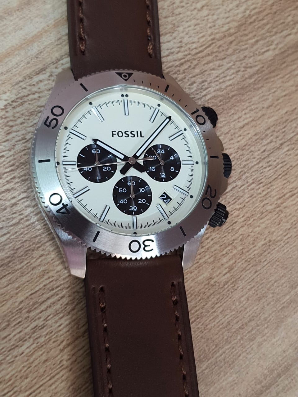 Fossil Retro Traveler Chronograph White Dial Brown Leather Strap Watch for Men - CH2886
