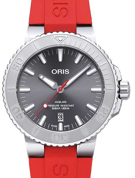 Oris Aquis Date Relief Grey Dial Red Rubber Strap Watch for Men - 0173377304153-0742466EB