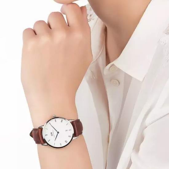 Daniel Wellington Dapper Bristol White Dial Brown Leather Strap Watch For Women - DW00100098