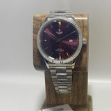 Tudor Style Automatic Burgundy Red Dial Silver Steel Strap Watch for Men - M12710-0015