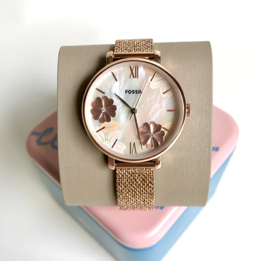 Fossil Jacqueline Three-Hand White Dial Rose Gold Mesh Bracelet Watch for Women - ES4534