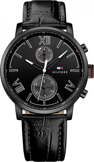 Tommy Hilfiger Aden Chronograph Black Dial Black Leather Strap Watch for Men - 1791310