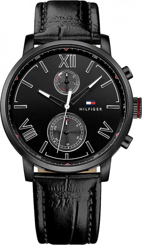 Tommy Hilfiger Aden Chronograph Black Dial Black Leather Strap Watch for Men - 1791310