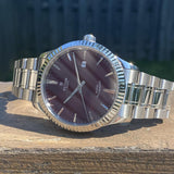 Tudor Style Automatic Burgundy Red Dial Silver Steel Strap Watch for Men - M12710-0015