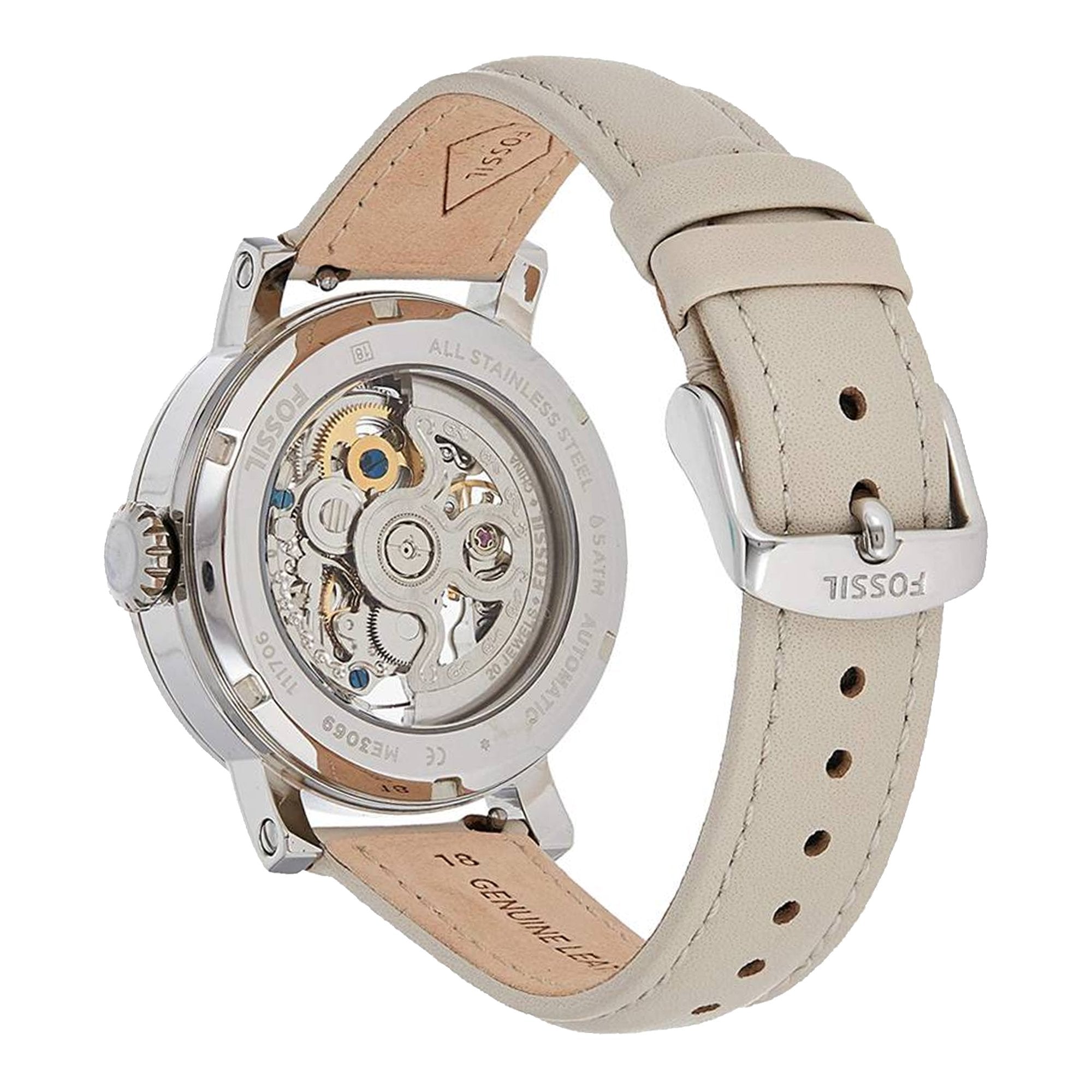 Fossil Boyfriend Automatic Skeleton Silver Dial White Leather Strap Watch for Women - ME3069