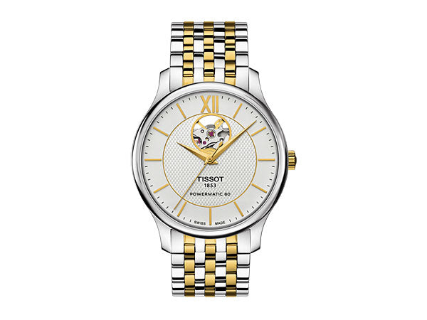 Tissot Tradition Powermatic 80 Open Heart Silver Dial Two Tone Steel Strap Watch For Men - T063.907.22.038.00