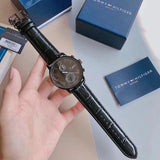 Tommy Hilfiger Aden Chronograph Black Dial Black Leather Strap Watch for Men - 1791310