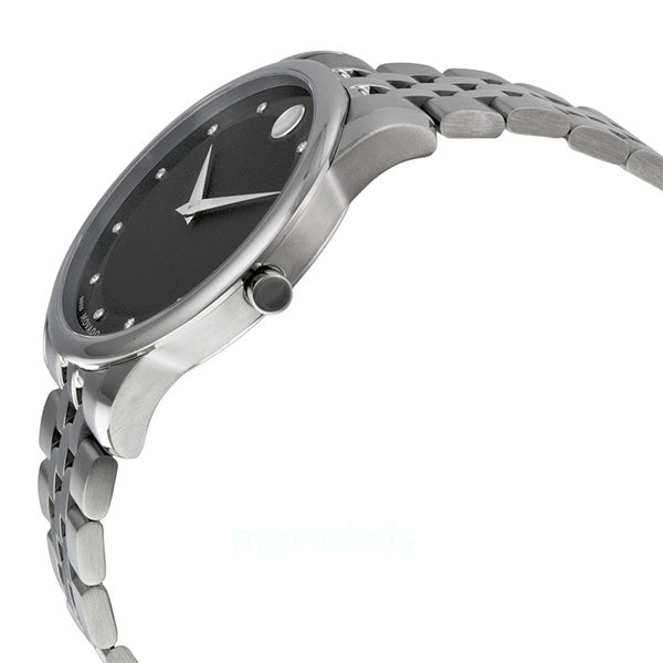 Movado Museum Diamonds Black Dial Silver Steel Strap Watch For Men - 606878