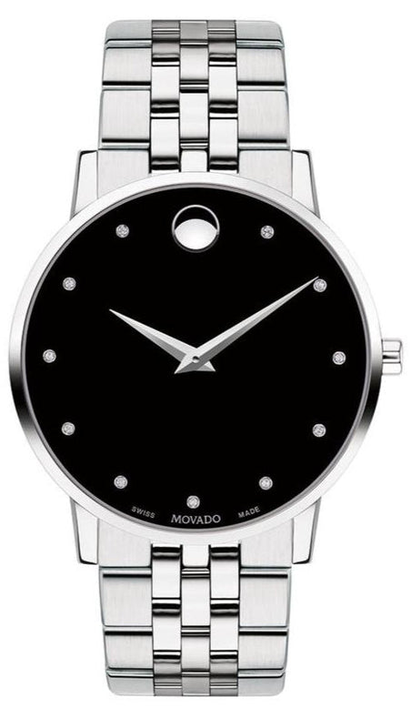Movado Museum Classic Diamonds Black Dial Silver Steel Strap Watch for Men - 0607201