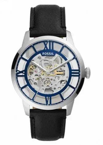 Fossil Townsman Automatic Skeleton Blue Dial Black Leather Strap Watch for Men - ME3200