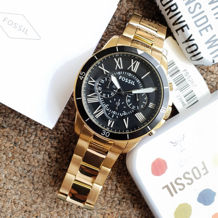 Fossil Inscription Automatic Black Dial Gold Steel Strap Watch for Men - FS5267