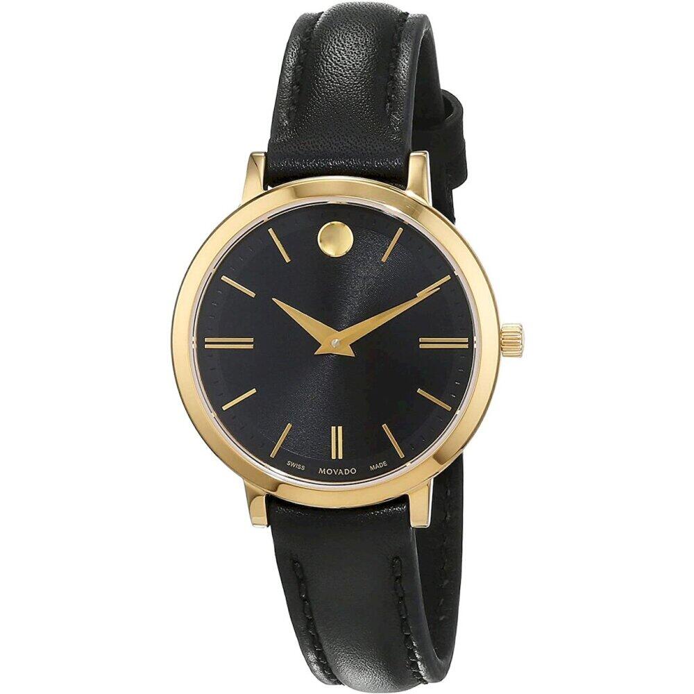 Movado Ultra Slim Black Dial Black Leather Strap Watch For Women -  0607095