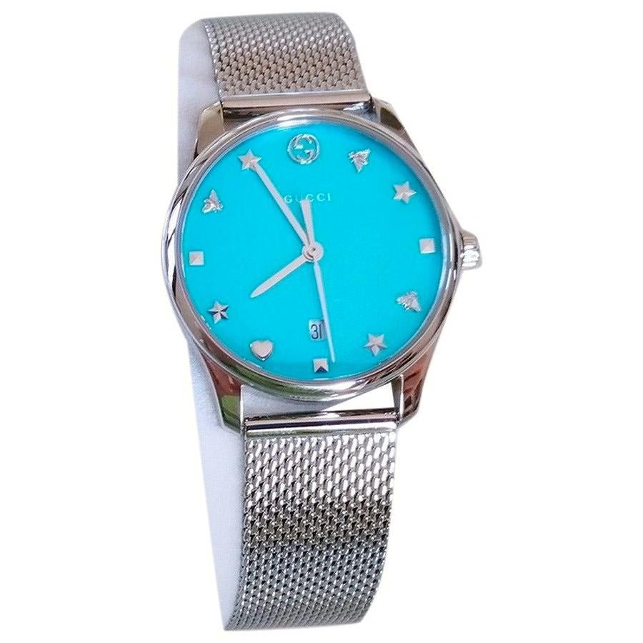 Gucci G-Timeless Turquoise Mother of Pearl Dial Silver Mesh Bracelet Watch For Women - YA126582