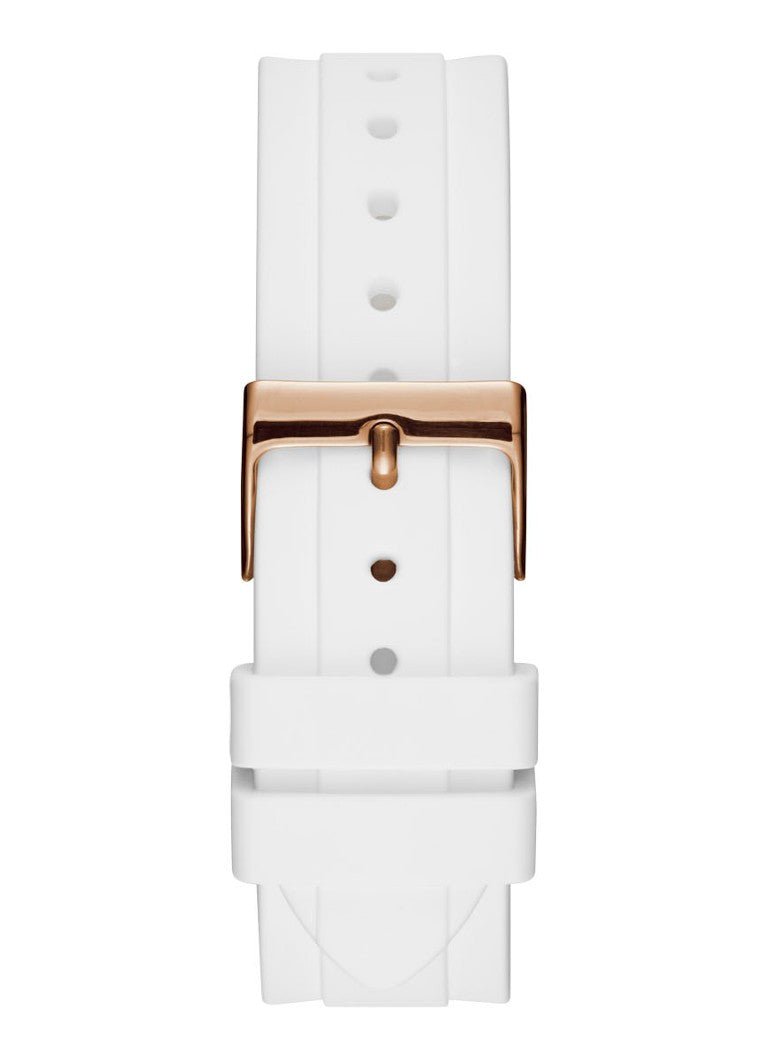 Guess Confetti Crystal Rose Gold Dial White Silicone Strap Watch For Women - W1098L5