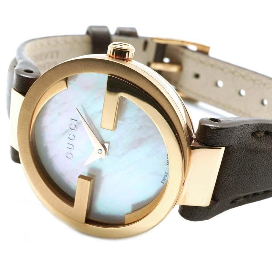 Gucci G Interlocking Mother of Pearl Dial Brown Leather Strap Watch For Women - YA133516