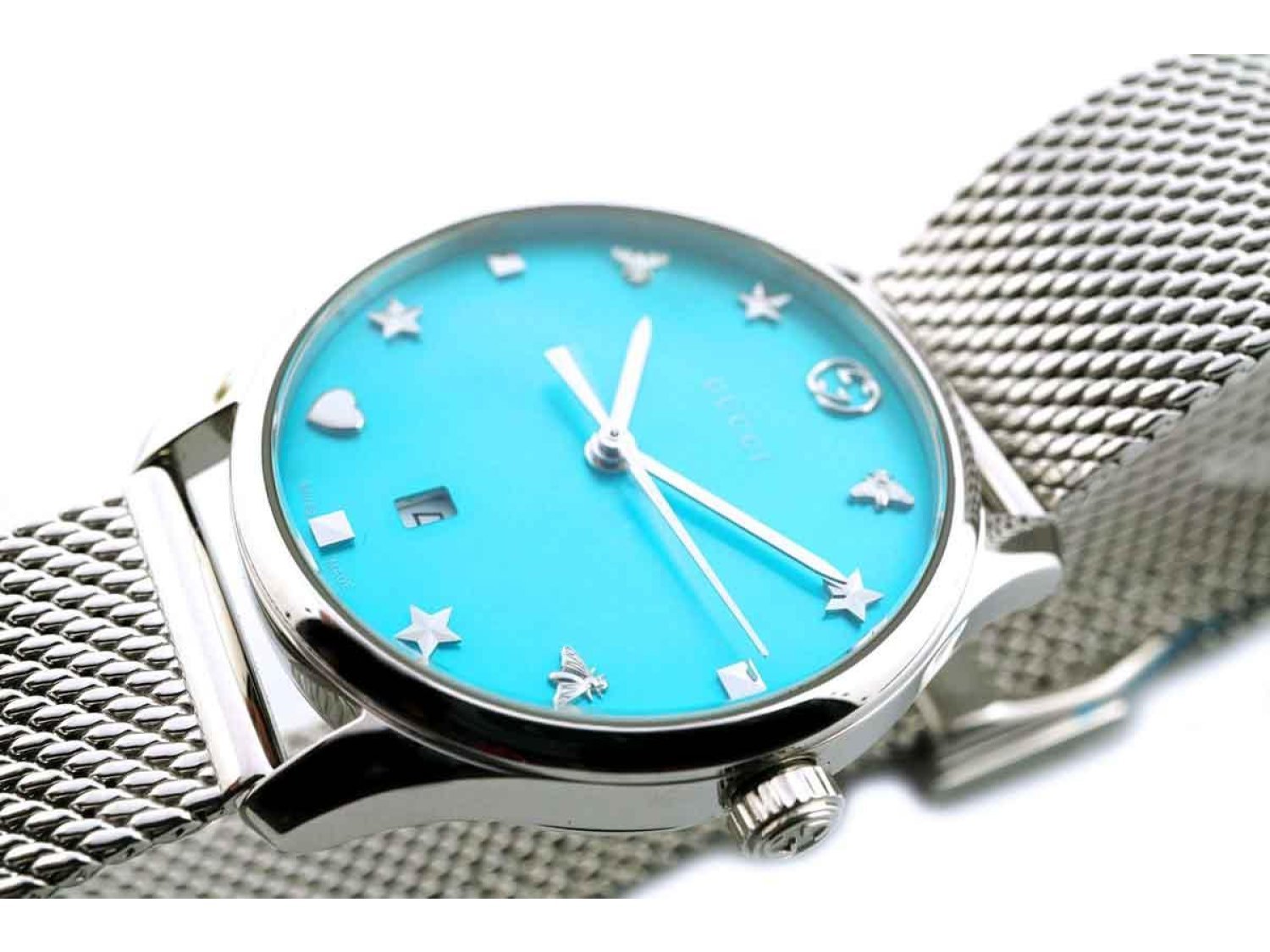 Gucci G-Timeless Turquoise Mother of Pearl Dial Silver Mesh Bracelet Watch For Women - YA126582