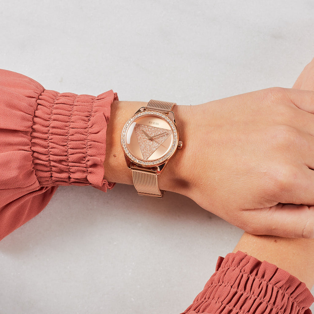 Guess Tri Glitz Quartz Diamonds Rose Gold Dial Rose Gold Mesh Bracelet Watch For Women - W1142L4