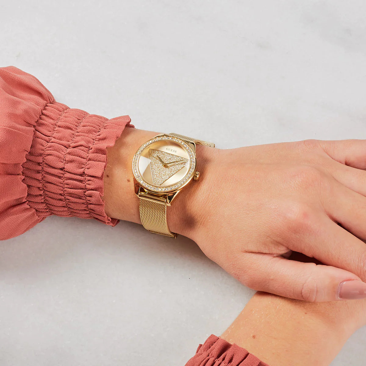 Guess Tri Glitz Quartz Diamonds Gold Dial Gold Mesh Bracelet Watch For Women - W1142L2