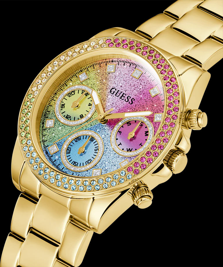 Guess Confetti Chronograph Rainbow Dial Gold Steel Strap Watch For Women - GW0483L4
