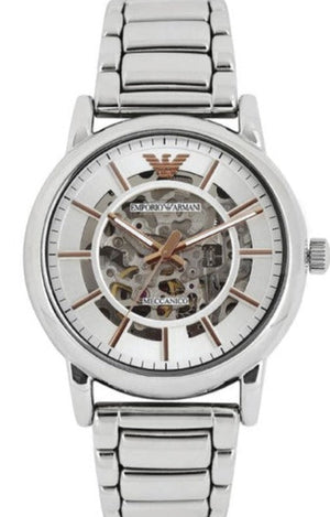 Emporio Armani Meccanico Skeleton Silver Dial Silver Steel Strap Watch For Men - AR1980