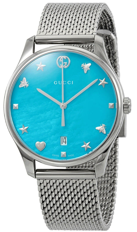 Gucci G-Timeless Turquoise Mother of Pearl Dial Silver Mesh Bracelet Watch For Women - YA126582