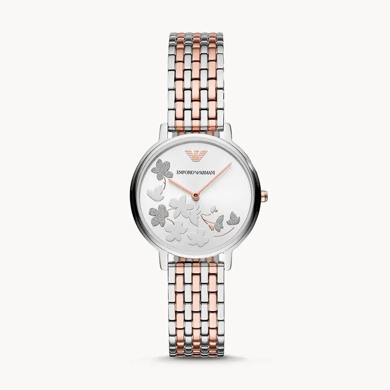 Emporio Armani Silver Sunray Dial Two Tone Steel Strap Watch For Women - AR11113