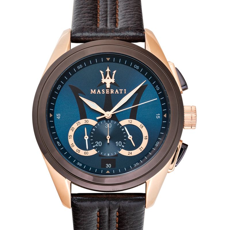 Maserati Traguardo Chronograph Blue Dial Brown Leather Strap Watch For Men - R8871612024