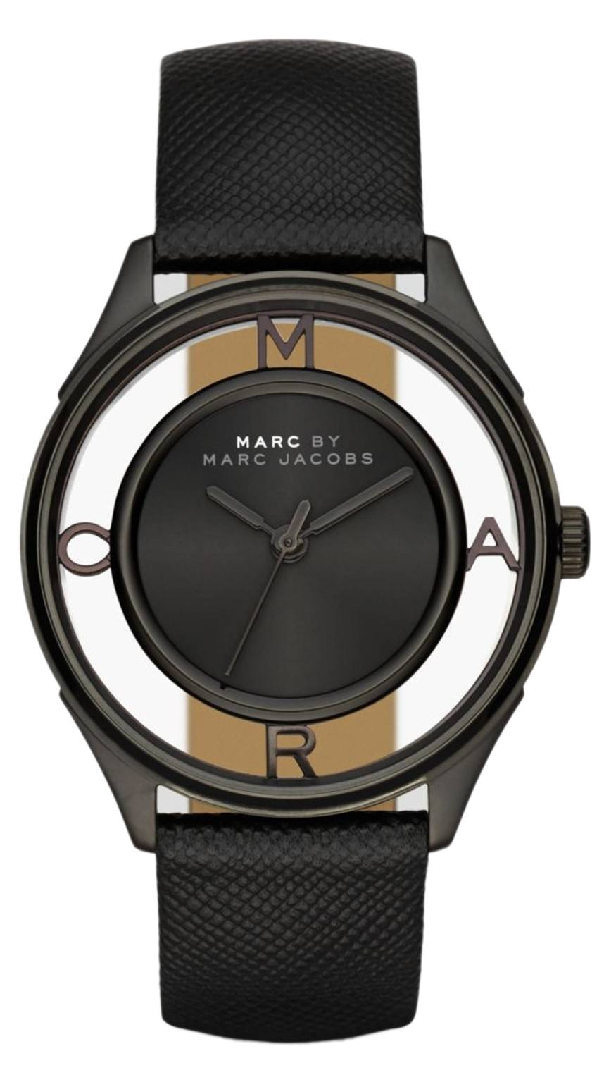 Marc Jacobs Tether Transparent Black Dial Black Leather Strap Watch for Women - MBM1379
