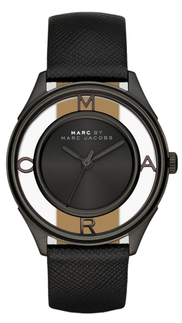 Marc Jacobs Tether Transparent Black Dial Black Leather Strap Watch for Women - MBM1379
