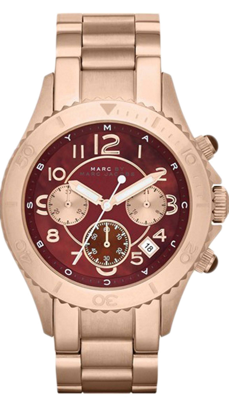 Marc Jacobs Rock Chronograph Mother of Pearl Red Dial Rose Gold Steel Strap Unisex Watch - MBM3251