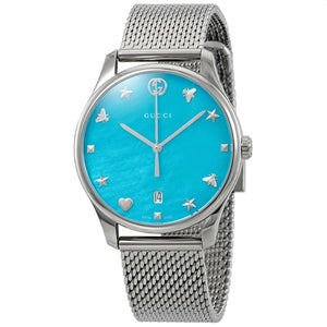 Gucci G-Timeless Turquiose Mother of Pearl Dial Silver Mesh Bracelet Watch For Women - YA1264039