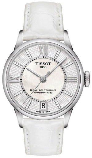 Tissot Chemin Des Tourelles Powermatic 80 Lady White Dial White Leather Strap Watch For Women - T099.207.16.116.00