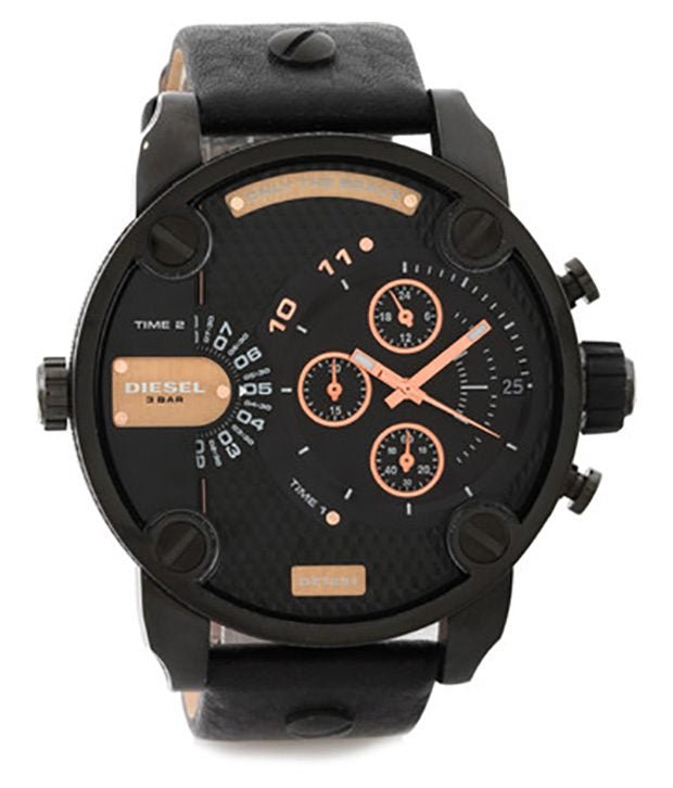 Diesel Little Daddy Chronograph Black Dial Black Leather Strap Watch For Men - DZ7291