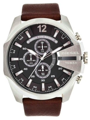 Diesel Mega Chief Chronograph Black Dial Brown Leather Strap Watch For Men - DZ4290