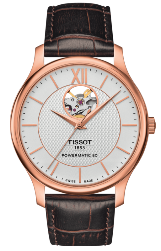 Tissot Tradition Powermatic 80 Open Heart Silver Dial Brown Leather Strap Watch For Men - T063.907.36.038.00