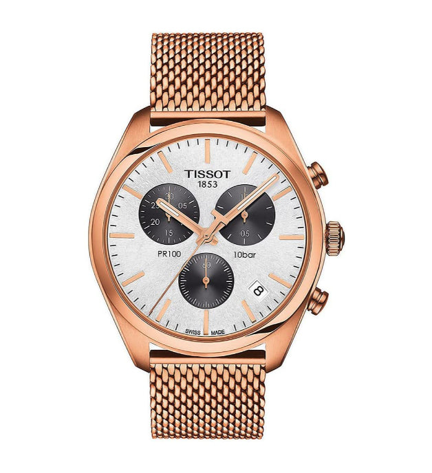 Tissot T Classic PR 100 Chronograph Silver Dial Rose Gold Mesh Bracelet Watch For Men - T101.417.33.031.01