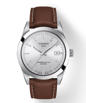 Tissot Gentleman Powermatic 80 Silicium Silver Dial Brown Leather Strap Watch For Men - T127.407.16.031.00