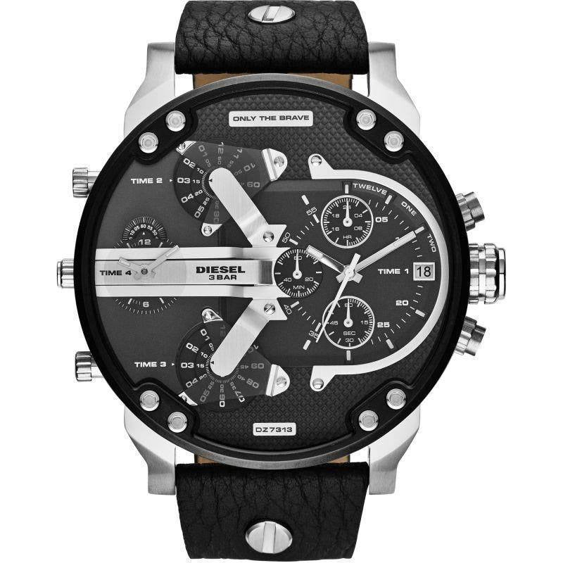 Diesel Mr Daddy Chronograph Black Dial Black Leather Strap Watch For Men - DZ7313