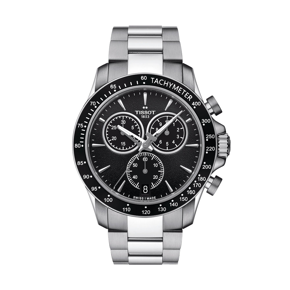 Tissot V8 Quartz Chronograph Black Dial Silver Steel Strap Watch For Men - T106.417.11.051.00