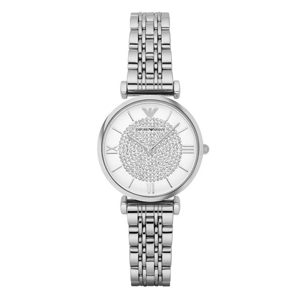 Emporio Armani Gianni T Bar White Crystal Pave Dial Silver Stainless Steel Strap Watch For Women - AR1925